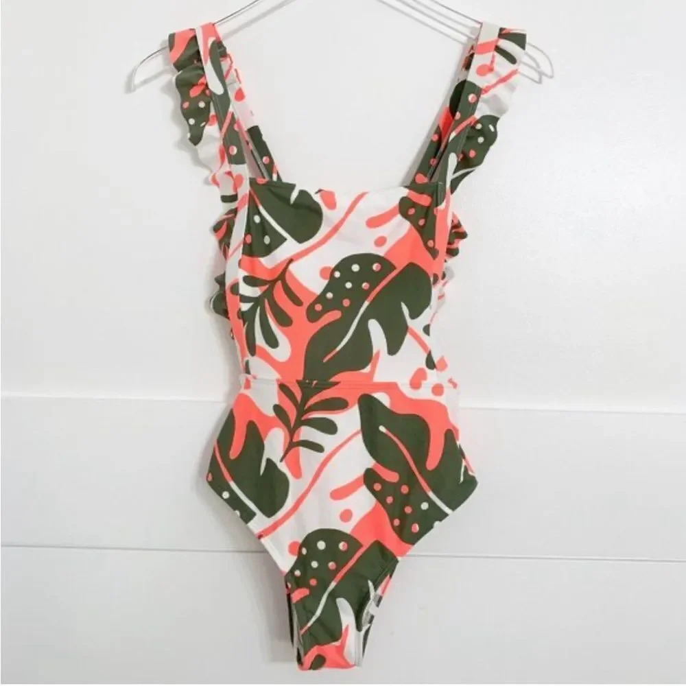Aerie Tropical Print One Piece Swimsuit - Pink and Green - Picture 4 of 6